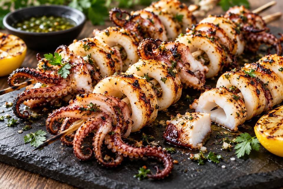 Présentation de Brochettes au calamar