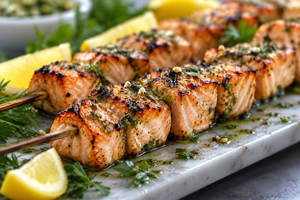 Présentation de Brochettes au saumon