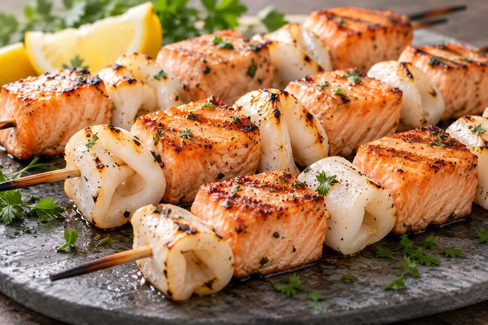 Présentation de Brochettes calamar et saumon