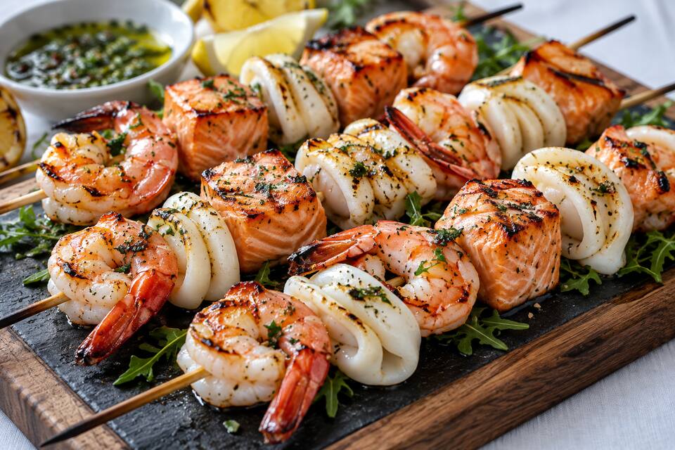 Présentation de Brochettes gambas, saumon et calamar