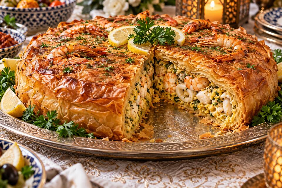 Présentation de Grande pastilla aux fruits de mer
