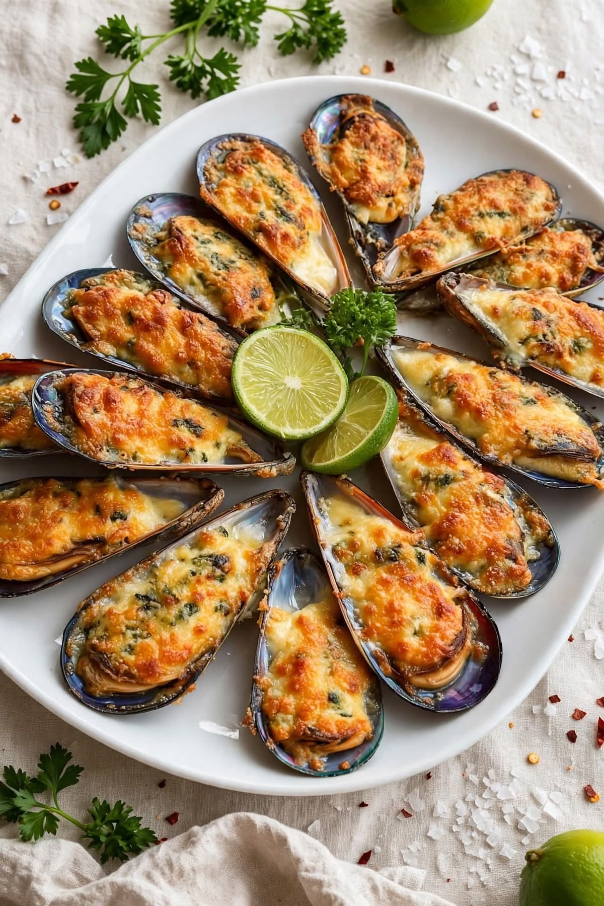 Moules gratinées présentées sur une seule moitié de coquille