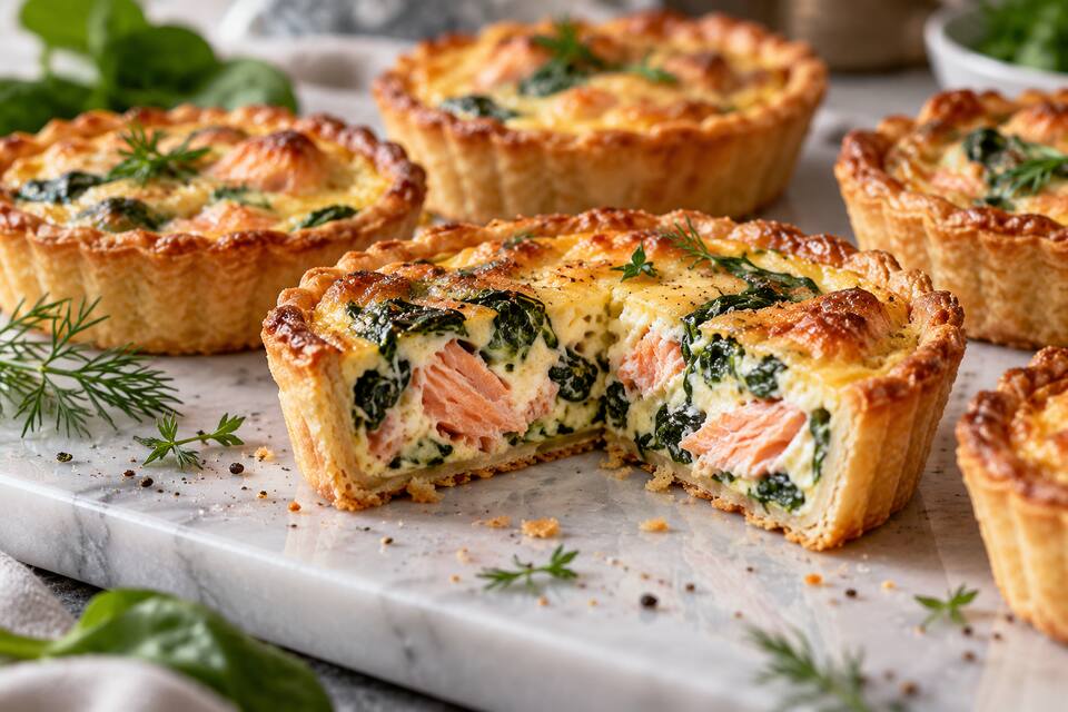 Présentation de Mini-quiches au saumon et aux épinards