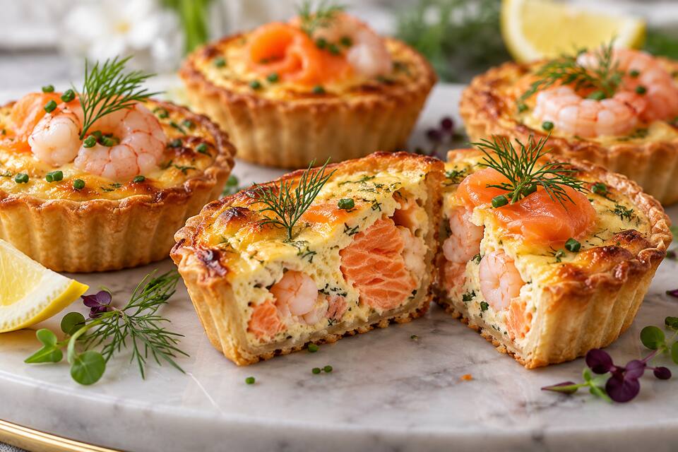 Présentation de Mini-quiches au saumon et aux gambas