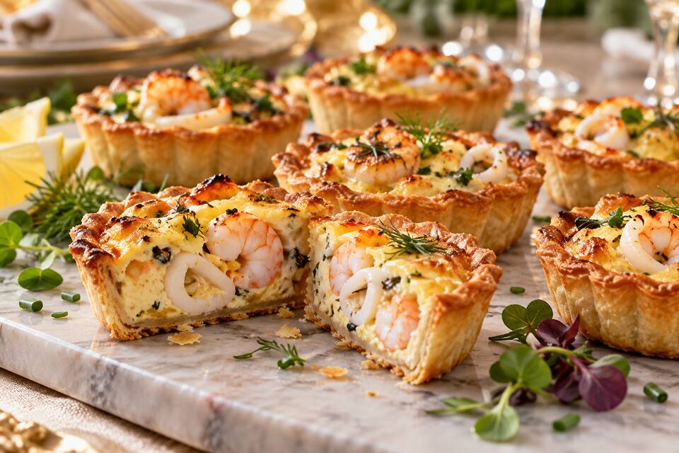 Présentation de Mini-quiches aux gambas et au calamar