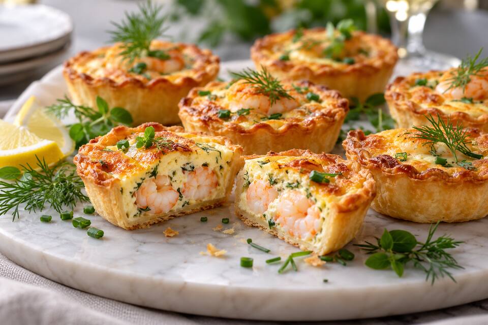 Présentation de Mini-quiches aux gambas et aux herbes
