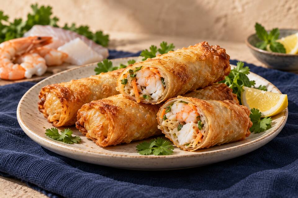 Présentation de Nems au poisson blanc et aux gambas