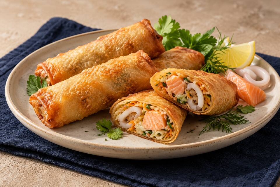 Présentation de Nems au saumon et au calamar