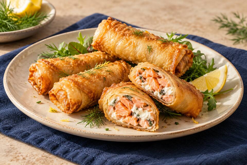 Présentation de Nems au saumon et au fromage