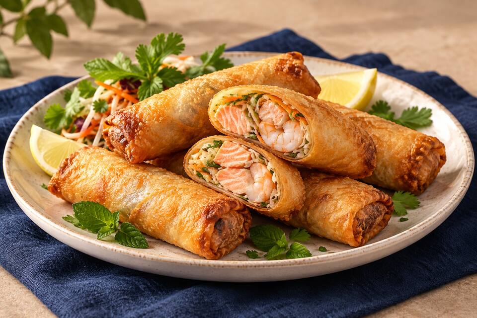 Présentation de Nems au saumon et aux gambas
